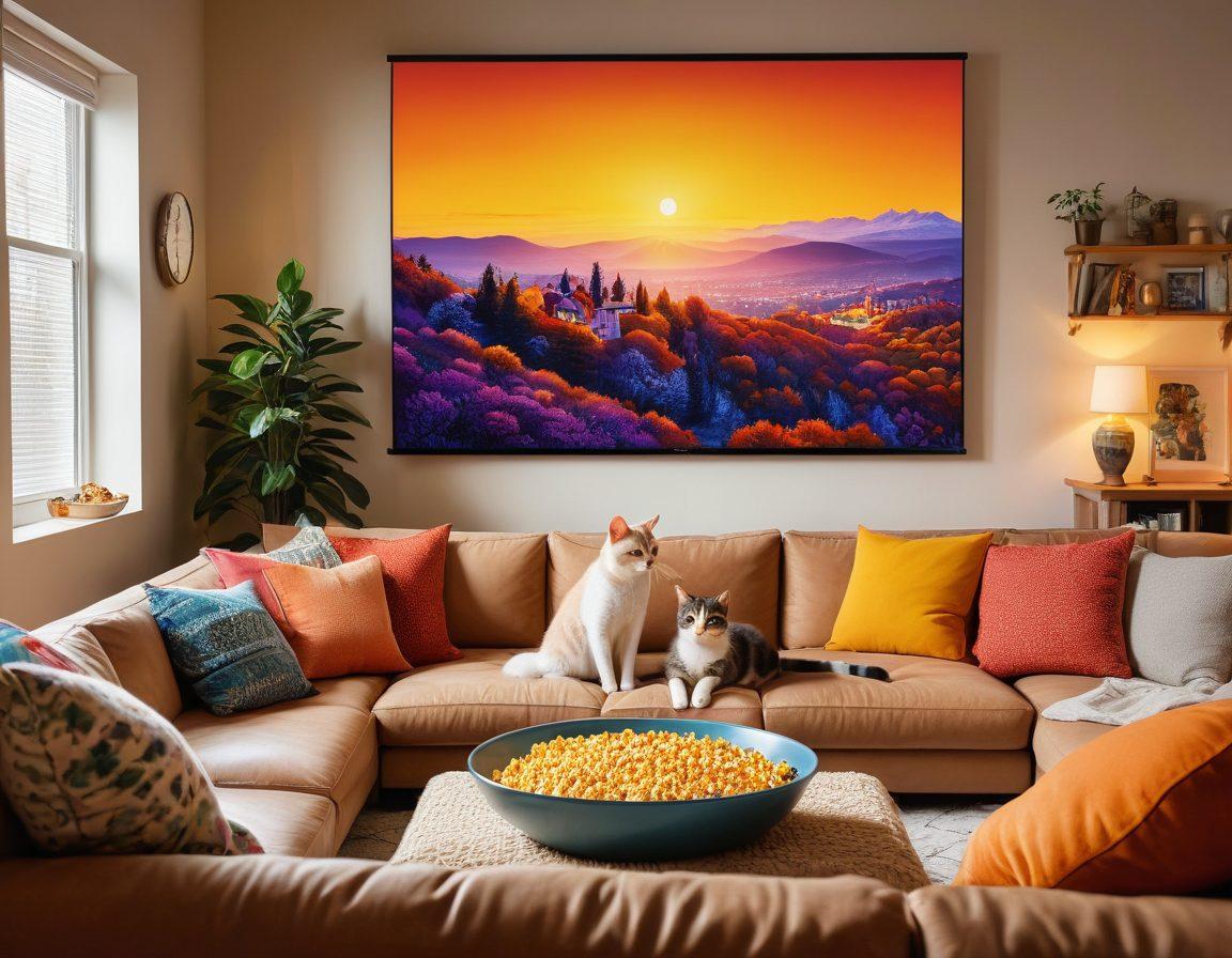 A cozy living room setup with a large screen displaying a movie scene, surrounded by popcorn bowls and laughing friends. Soft lighting creates a warm atmosphere, with colorful movie posters on the walls and a playful cat lounging nearby. Emphasize the joy of entertainment and togetherness. vibrant colors. super-realistic. warm lighting.