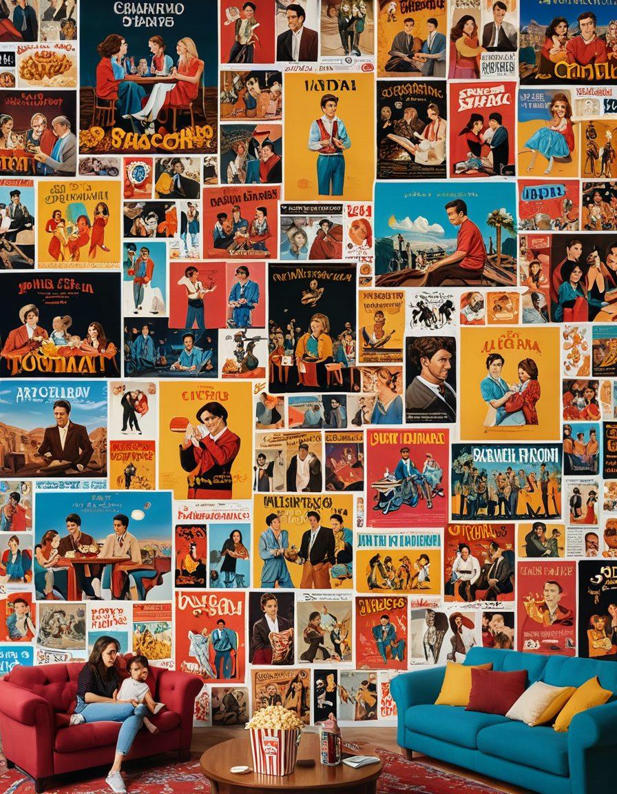 A vibrant and engaging collage of popular movie scenes, featuring iconic Spanish films and characters enjoying popcorn and drinks in a cozy living room. Include elements of streaming devices and movie posters in the background. The atmosphere should reflect excitement and fun, with warm, inviting colors. super-realistic. vibrant colors. 3D.