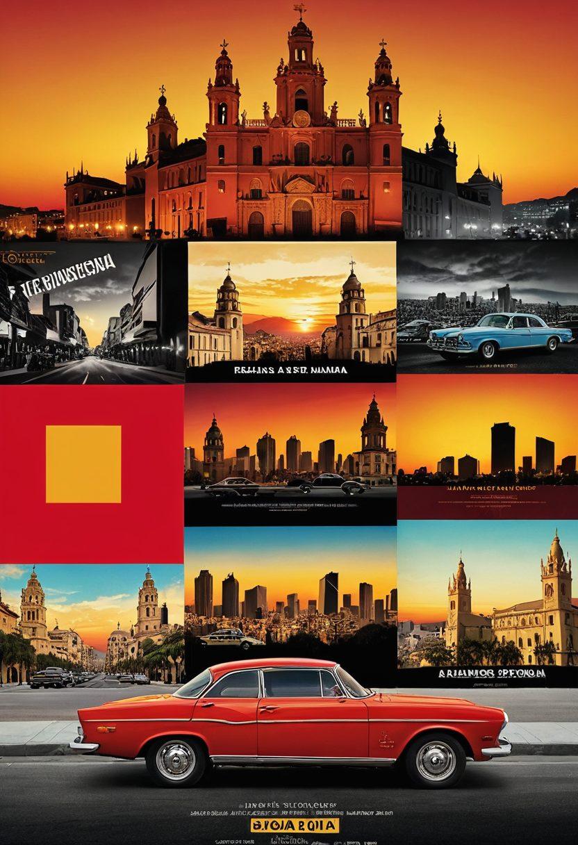A captivating collage of iconic Spanish cinema elements, including a classic film reel, a vintage Spanish movie poster, and a digital tablet displaying a film streaming platform. The background features a vibrant Spanish cityscape with a sunset, symbolizing the online experience. Incorporate a subtle hint of the Spanish flag colors within the design. super-realistic. vibrant colors. cinematic style.